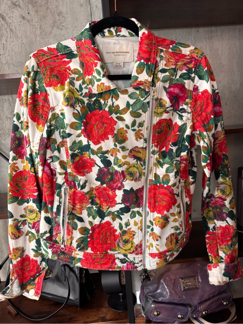 Pilcro and the Letterpress Red, Green, Cream Floral Jean Jacket